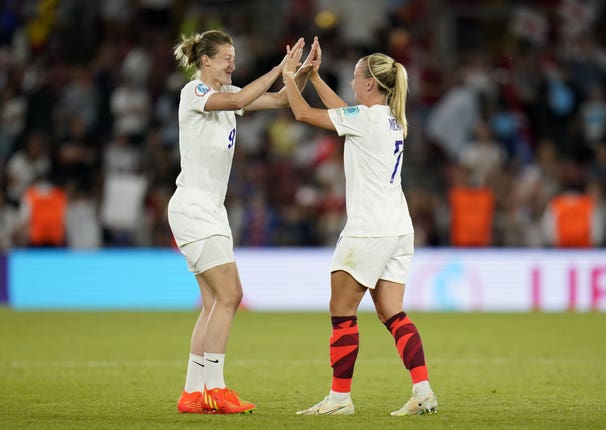 England’s Ellen White and Beth Mead celebrate