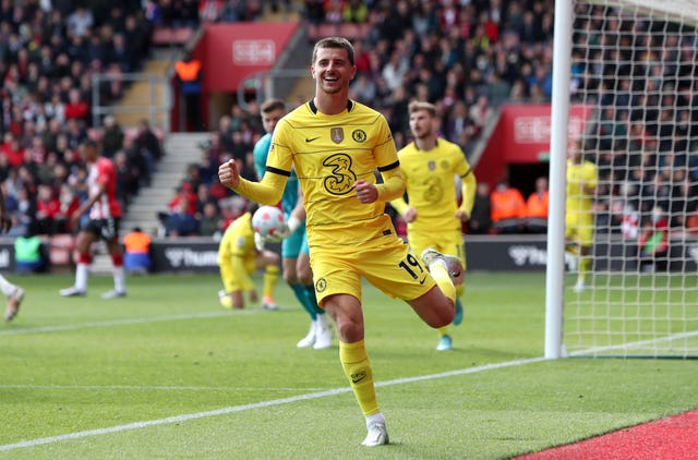 Mason Mount celebrates after scoring his second and Chelsea’s sixth 