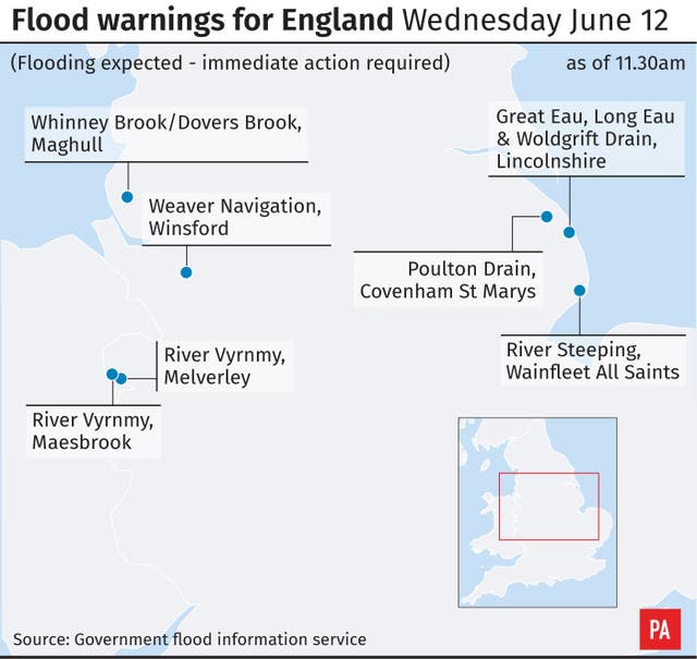 Flood warnings for England Wednesday June 12