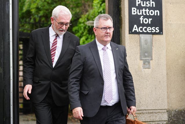 Jeffrey Donaldson (right) with solicitor John McBurney leaving Newry Crown Court