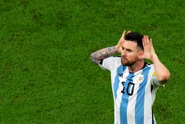 Lionel Messi celebrates after scoring Argentina's second
