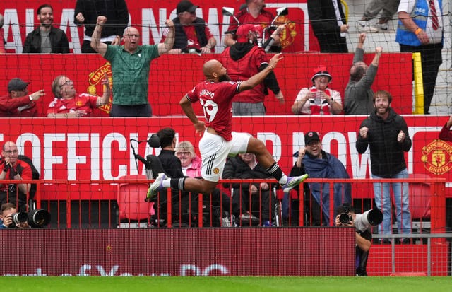 Bryan Mbeumo celebrates his first Old Trafford goal for Manchester United