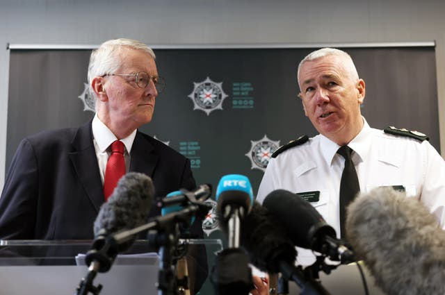 Northern Ireland Secretary Hilary Benn (left) and Chief Constable Jon Boutcher speaking during a press conference at PSNI headquarters in east Belfast