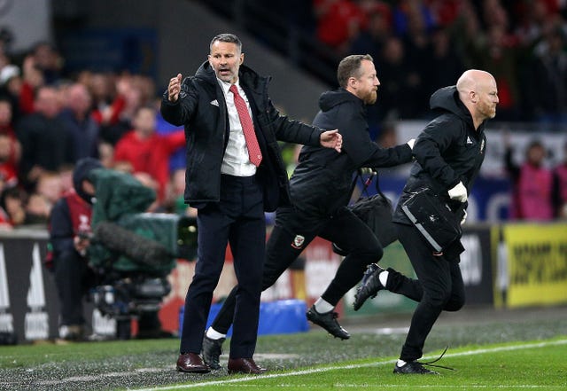 Wales manager Ryan Giggs reacts to a Croatian challenge on Daniel James