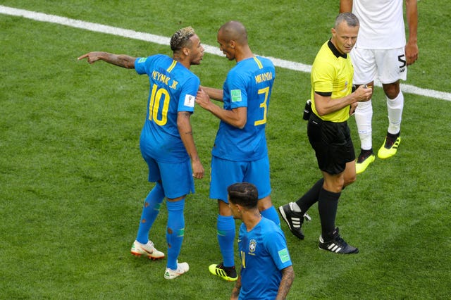 Brazil's 2-0 group-stage win over Costa Rica saw referee Bjorn Kuipers award a penalty after Neymar went down in the area, with contact on him having appeared minimal - before the decision was overturned following a VAR review. He later scored the second goal (Owen Humphreys/PA). 