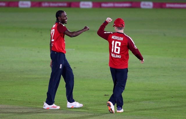 Jofra Archer, left, was back in England's white-ball colours for the first time since the World Cup final in July 2019