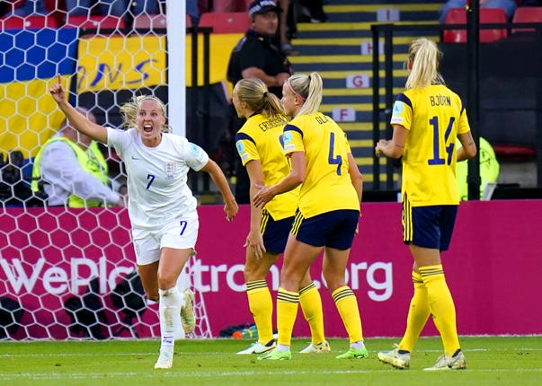 Beth Mead, left, celebrates scoring against Sweden