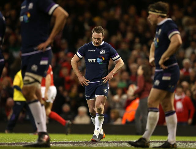 Scotland’s Stuart Hogg looking dejected as his side were ripped apart by Wales 