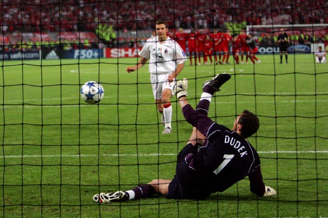 Liverpool’s Jerzy Dudek saves the final penalty from AC Milan’s Andrei Shevchenko