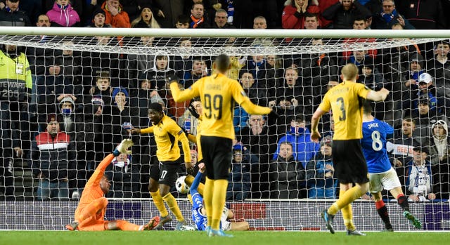 An own goal from Borna Barisic (centre, floor) made for a nervy finish for Rangers