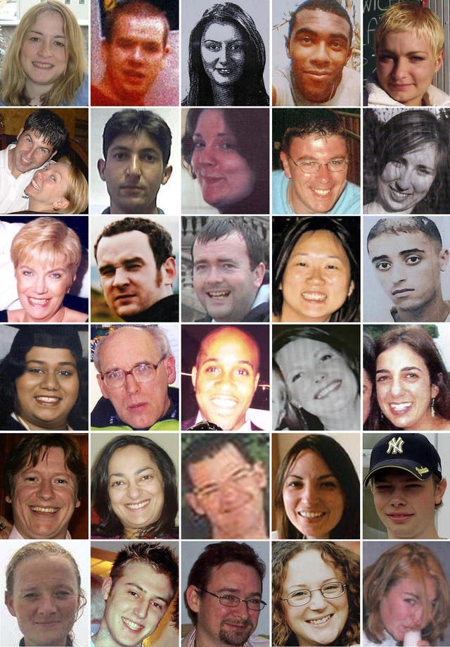 Composite of handout photographs of some of the victims of the London terrorist attacks on July 7 2005, top row from left, victims of the Russell Square bomb: Helen Jones, 28; Ciaran Cassidy, 22; Gamze Gunoral, 24; Christian Small; Karolina Gluck. Second row from left, victims of the Russell Square bomb: Couple Lee Harris, 30, and Samatha Badham, 36; Atique Sharifi, 24; Elizabeth Daplyn, 20; Adrian Johnson, 37; Monika Suchocka, 23. Third row from left, victims of the Russell Square bomb: Susan Levy, 53; James Mayes, 28; James Adams; Rachelle Yuen; Ihab Slimane,19. Fourth row from left, victims of the Tavistock Square bomb: Shyanuja Parathasangary; Giles Hart; Anthony Fatayi-Williams; Marie Hartley; Miriam Hyman. Fifth row from left: victims of the Tavistock Square bomb Jamie Gordon and Neetu Jain; victims of the Aldgate bomb Richard Gray, Benedetta Ciaccia and Richard Ellery. Bottom row from left: Aldgate bomb victim Fiona Stevenson; Edgware Road bomb victims David Foulkes, Jonathan Downey, Laura Webb and Jennifer Nicholson