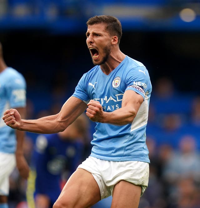 Manchester City's Ruben Dias shows his delight at the final whistle against Chelsea