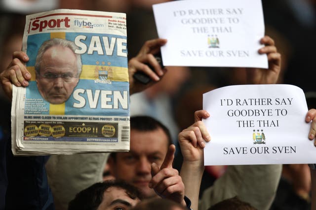 Manchester City fans show their support for Sven-Goran Eriksson at Anfield in May 2008, amid reports owner Thaksin Shinawatra wanted him out