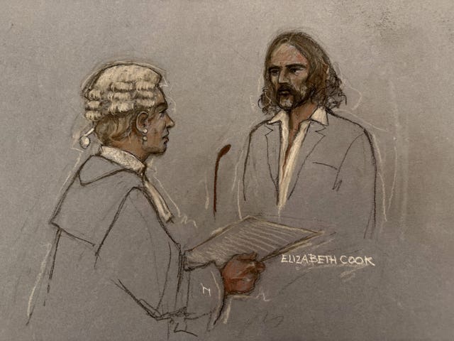 Court artist sketch of Riel Karmy-Jones KC cross examining Brand in the dock