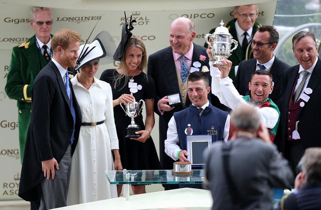 Prince Harry, Duke of Sussex and Meghan, Duchess of Sussex, present the awards to Frankie Dettori and John Gosden