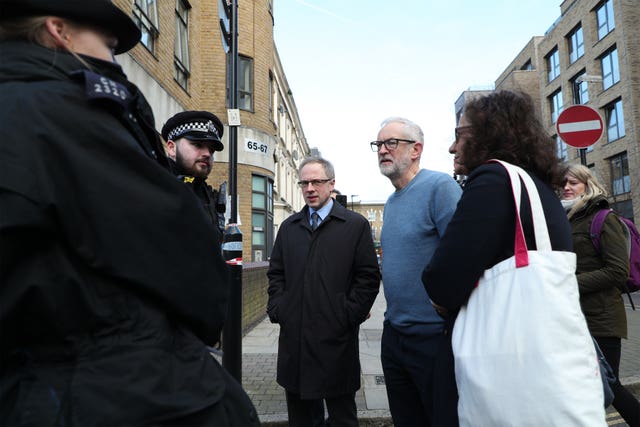 Labour leader Jeremy Corbyn in Finsbury Park, after a man was stabbed to death in north London on Friday evening
