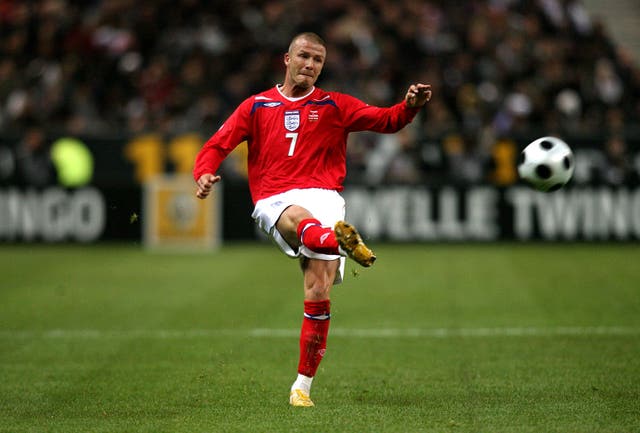 David Beckham kicks the ball during the game in which he won his 100th England cap