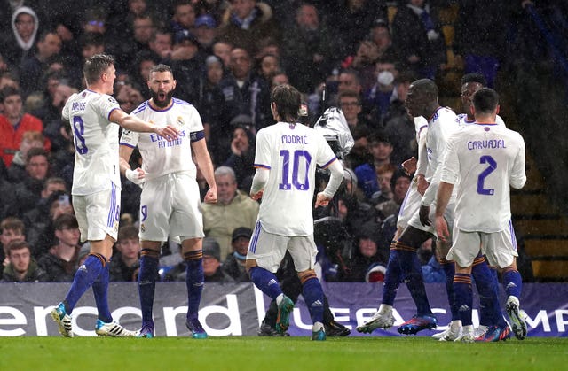 Benzema (second left) struck back-to-back hat-tricks in the Champions League