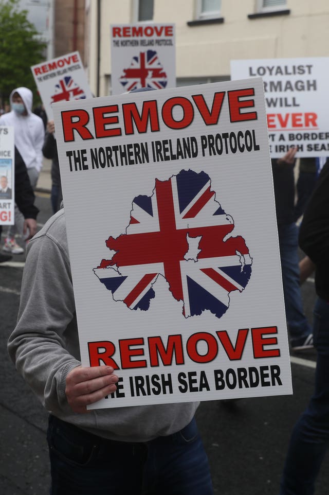 Loyalists take part in an anti-Northern Ireland Protocol rally in Portadown, Co Armagh, on Saturday