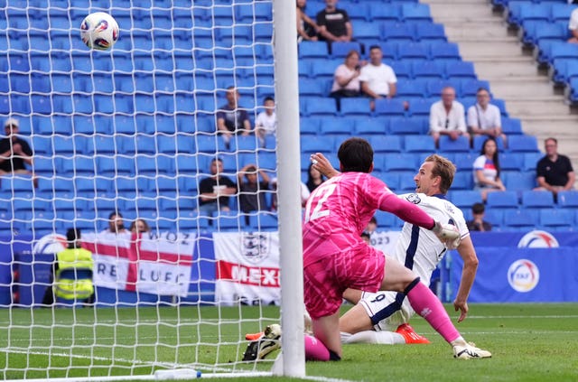 Harry Kane, right, scores England’s goal against Andorra