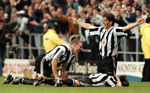 Philippe Albert, right, celebrates scoring for Newcastle