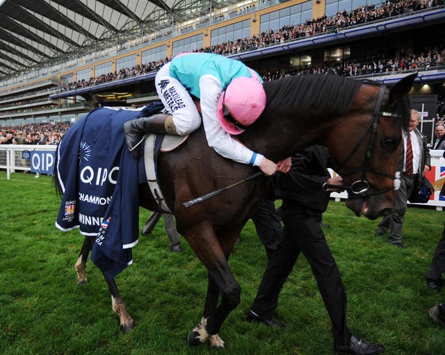 Tom Queally hugs tje mighty Frankel after winning the Champion Stakes