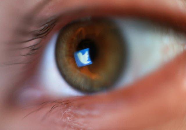 An eye with the Twitter logo reflected