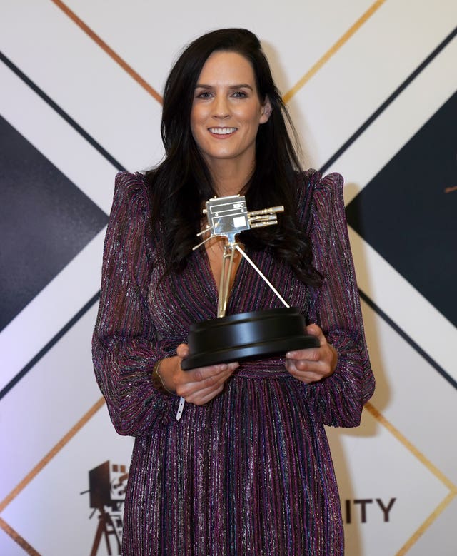 Rachael Blackmore poses on the red carpet with her World Sport Star award after the BBC Sports Personality of the Year Awards 2021
