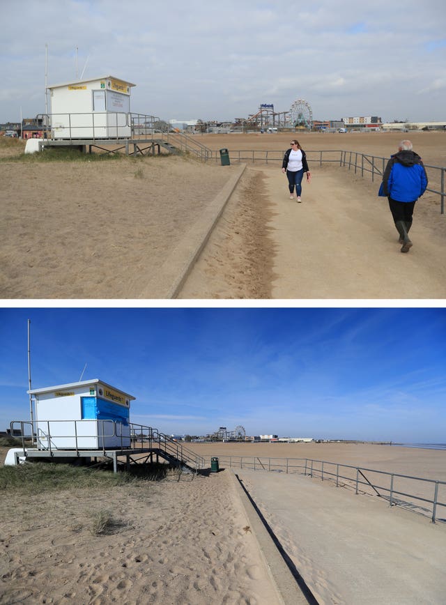 Composite of photos of the seafront in Skegness, Lincolnshire taken today (top) and the same view on 24/03/20 (bottom), the day after Prime Minister Boris Johnson put the UK in lockdown