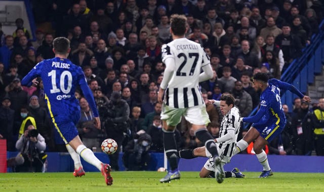 Reece James, right, scores Chelsea’s second goal