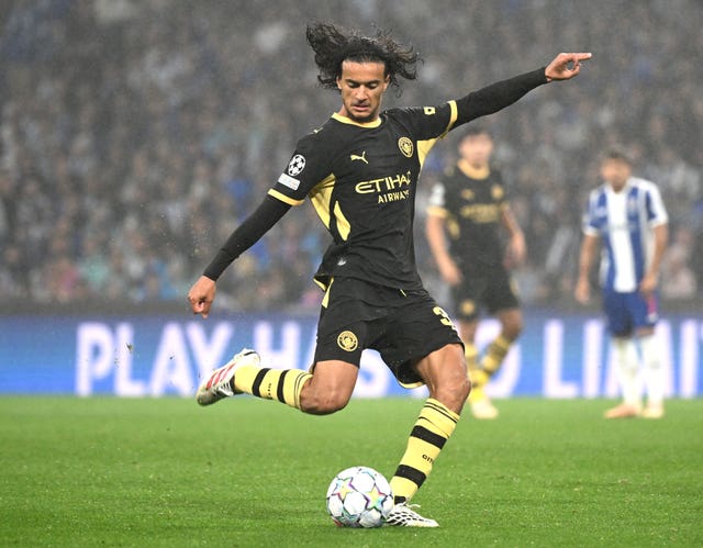 Manchester City’s Ayyoub Bouaddi strikes the ball during the win over Porto