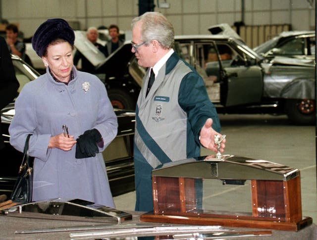 Princess Margaret is shown the finer points of making Rolls-Royce radiator grills as she tours the Crewe factory in 1996