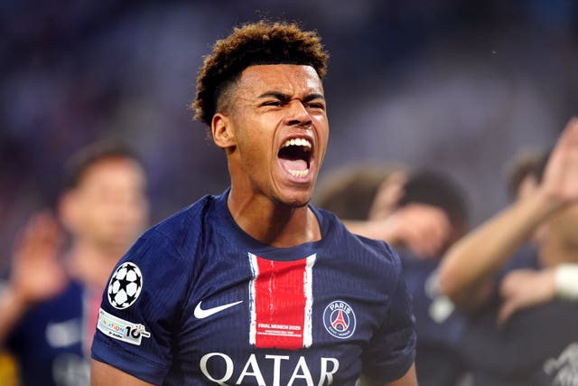 Desire Doue celebrates scoring for Paris St Germain in the 2025 Champions League final
