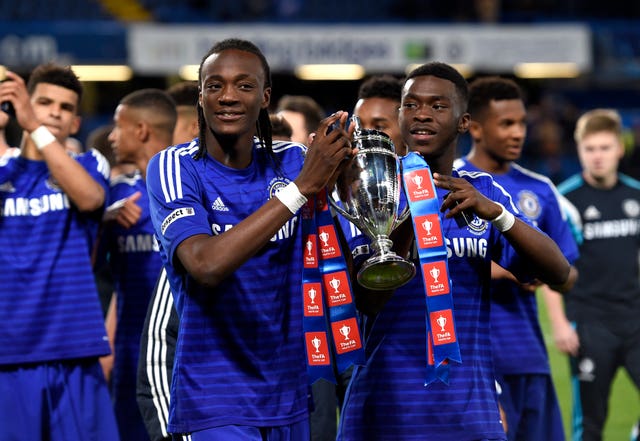 Tomori, right, and Tammy Abraham celebrate winning the FA Youth Cup final with Chelsea in 2015