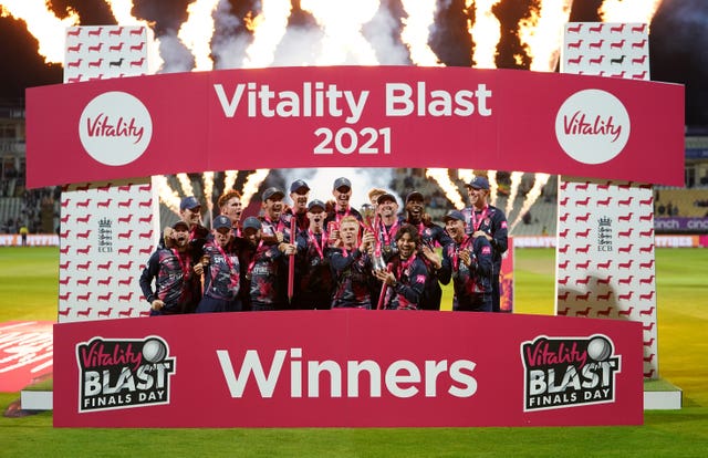 Kent Spitfires captain Sam Billings and team-mates celebrate after a 25-run win over Somerset in the Vitality Blast Final