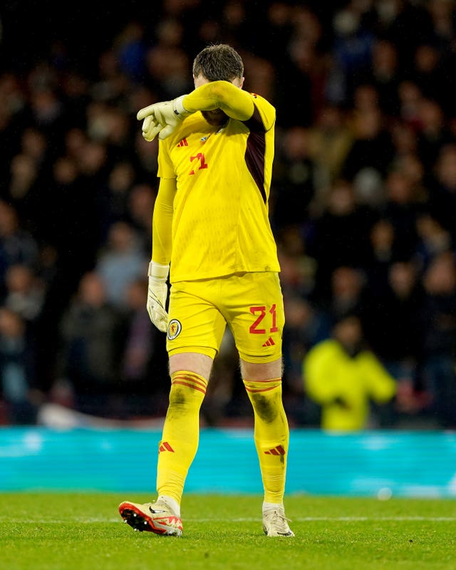 Scotland’s Zander Clark reacts after conceding