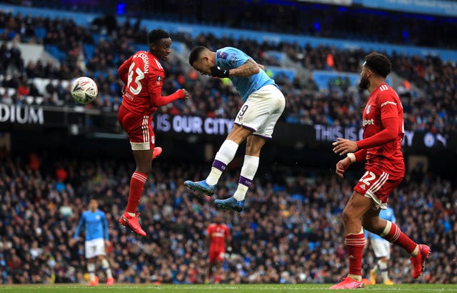 Gabriel Jesus heads home his first goal against Fulham 