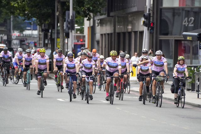 The Jo Cox Way cyclists, a group of 70 mixed ability cyclists, arrive at Flat Iron Square, in Southwark, London, following their five-day journey from West Yorkshire