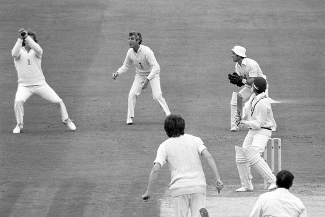 Ian Botham takes a catch off the bowling of Bob Willis