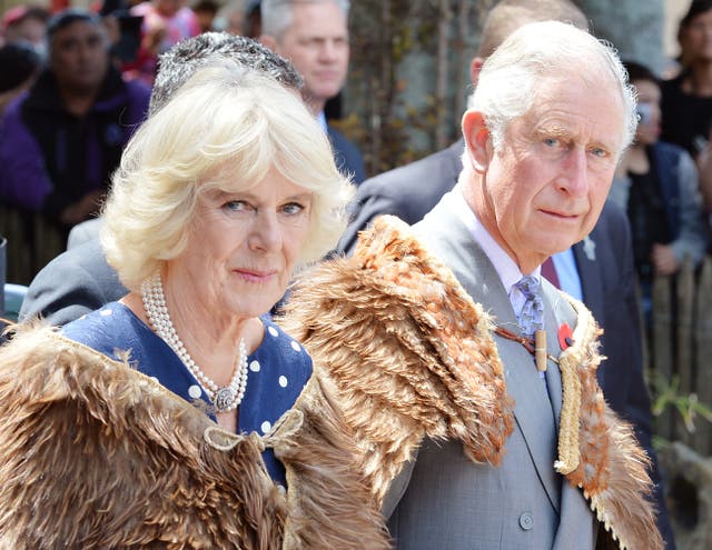 Camilla and Charles wearing ceremonial cloaks made of kiwi feathers during a previous visit to New Zealand