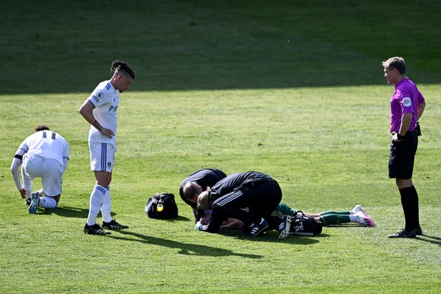 George Baldock required medical attention after a challenge on Leeds' Tyler Roberts and was later withdrawn due to a head injury