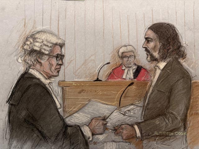 Court artist sketch of Russell Brand being questioned by his barrister Mr Winter KC
