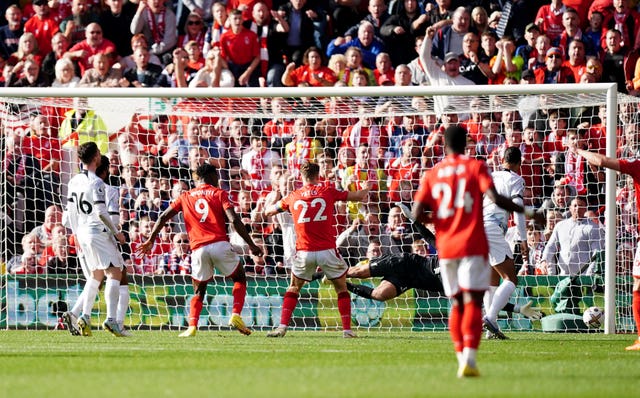 Taiwo Awoniyi, centre left, scores Nottingham Forest's winner against Liverpool