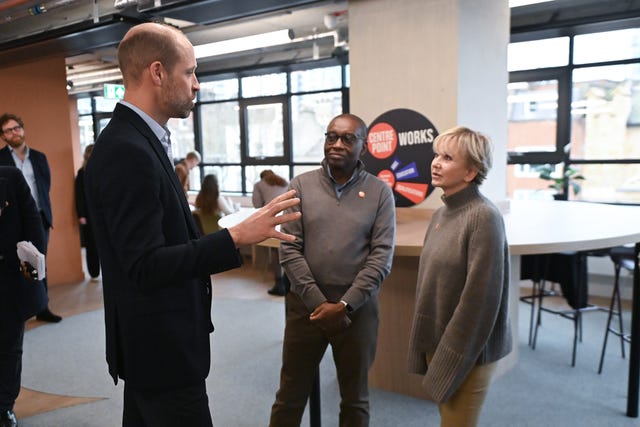 The Prince of Wales speaking with Centrepoint CEO Seyi Obakin (centre) and Centrepoint Ambassador Lisa Maxwell (right)