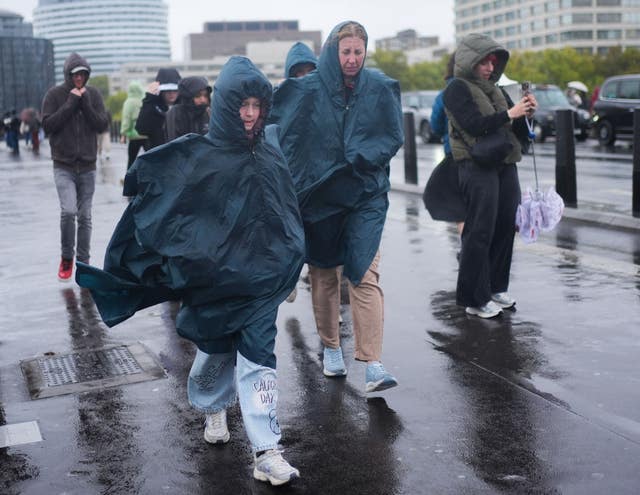People walking in the rain on Westminster Bridge in London