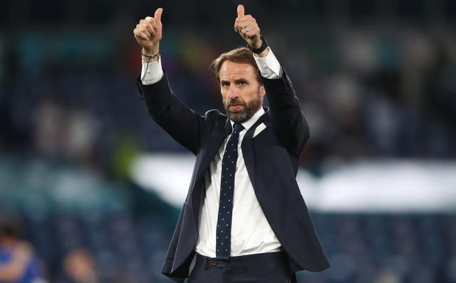 Three Lions boss Gareth Southgate salutes fans in the Stadio Olimpico at full-time (Nick Potts/PA).