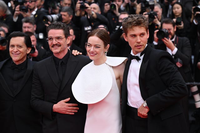 (left to right) Clifton Collins Jr, Pedro Pascal, Emma Stone and Austin Butler attend the premiere for Eddington at the 78th Cannes Film Festival in Cannes, France