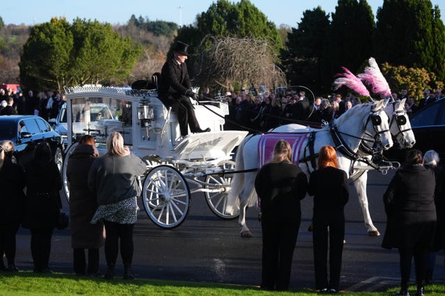 Mourners lining a road as a horse-drawn carriage carrying a white coffin passes