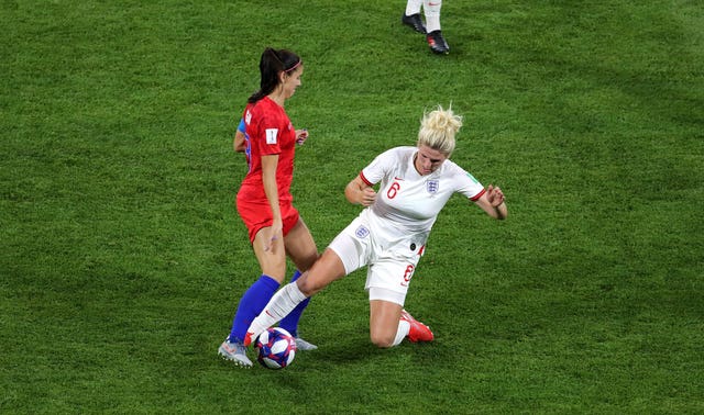 Millie Bright, right, put in a rash tackle on Morgan two minutes after the penalty miss