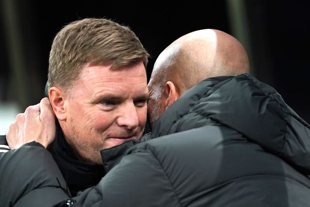 Manchester City manager Pep Guardiola (right) with Newcastle counterpart Eddie Howe before kick-off at St James' Park